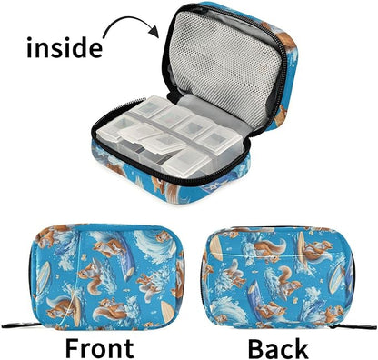 Blue Squirrel Surfing Travel Pill Organizer Case Box Container Weekly Portable Vitamin Medicine Holder Storage Bag with Zipper Removable