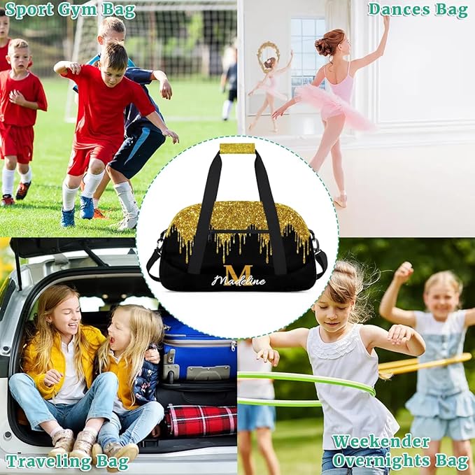 Personalized Kids Sports Duffel Bag with Name Custom Weekender Overnight Bag for Boys Girls Gym Bag Travel Dance Gymnastics Duffel Bag, Golden Glitter