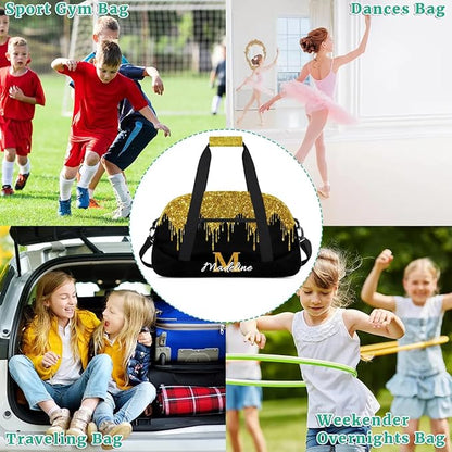 Personalized Kids Sports Duffel Bag with Name Custom Weekender Overnight Bag for Boys Girls Gym Bag Travel Dance Gymnastics Duffel Bag, Golden Glitter