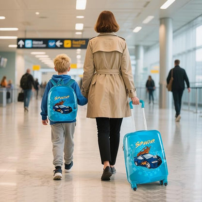 HONEY JOY Kids Luggage, Travel Backpack & Hard Shell Toddler Suitcase, Children Rolling Luggage with Wheels, Retractable Handle & 4 Casters, 2Pcs Carry On Luggage Set for Boys Girls(Racing Car)