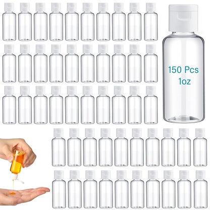 Mimorou 150 Pcs 1oz Travel Bottles Bulk for Toiletries Clear Small Travel Size Bottles Bulk Refillable Empty Containers for Shampoo Lotion Liquid Body Soap Cream Toiletries (White Cap)