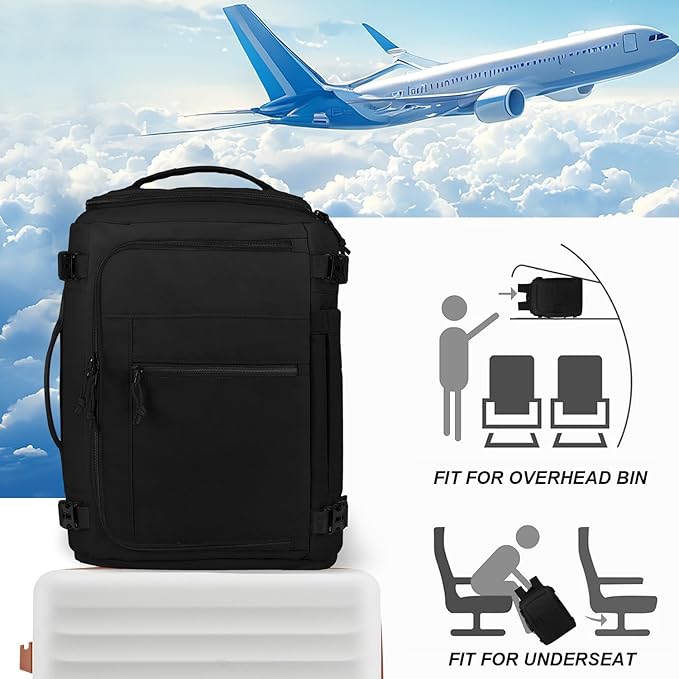 Carry On Travel Backpack Flight Approved Laptop Backpack Business Work Backpack for Women Men Large Capacity Casual Daypack with Wet/Dry Separation Pockets, Black