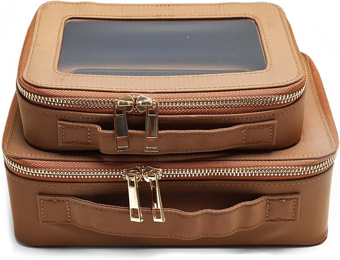 SANHECUN Cosmetic Case with Zipper TSA Approved Storage Box Travel Organizer Pouch Toiletry Portable Makeup Bag Cosmetic Set (2, Brown)