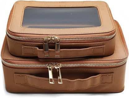 SANHECUN Cosmetic Case with Zipper TSA Approved Storage Box Travel Organizer Pouch Toiletry Portable Makeup Bag Cosmetic Set (2, Brown)