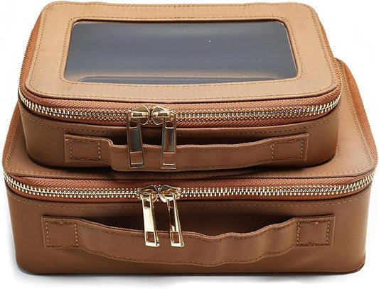 SANHECUN Cosmetic Case with Zipper TSA Approved Storage Box Travel Organizer Pouch Toiletry Portable Makeup Bag Cosmetic Set (2, Brown)