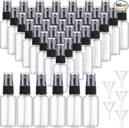 100 Pcs Mini Clear Spray Bottles 1 oz Plastic Empty Travel Bottle Fine Mist Small Spray Containers with 5 Pcs Funnels Refillable Liquid Travel Containers for Perfume Skin Toner Essential Oils