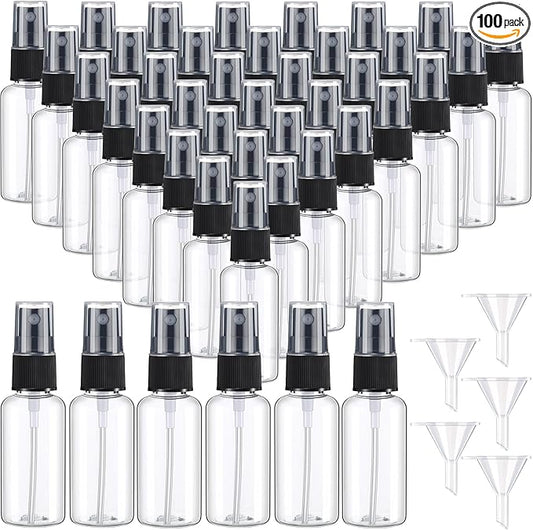 100 Pcs Mini Clear Spray Bottles 1 oz Plastic Empty Travel Bottle Fine Mist Small Spray Containers with 5 Pcs Funnels Refillable Liquid Travel Containers for Perfume Skin Toner Essential Oils