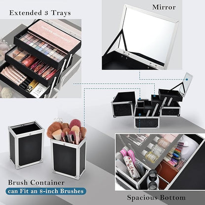 FRENESSA Makeup Train Case Makeup Box 11.8 Inch Large Makeup Case Organizer 3 Trays with Mirror Locking Cosmetic Storage Box for Cosmetics Nail Supplies Sewing Travel Case Black Floral