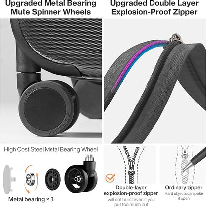 mixi Upgrade Carry on Luggage 14 Inch Underseat Personal Item Suitcases with Spinner Wheels, Hardside Rolling Suitcase PC with TSA Lock Lightweight Travel Case, Fine Grid Black