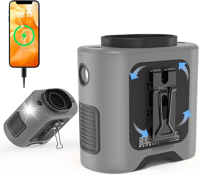 PANERGY Portable Waist Fan, 67H Runtime Wearable Fan with 4+1 Speeds, Storm Mode, 14500mAh Rechargeable Belt Fan with Dual Clip, Flashlight for Outdoor Jobsite(Grey)