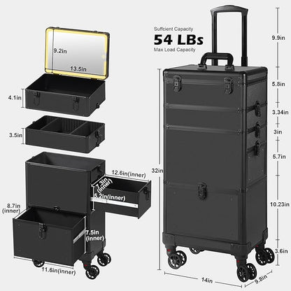 Makeup Train Case with LED Mirror, Rolling Makeup Case with Drawers, Cosmetology Case on Wheels, Gift, Travel Makeup Organizers, Profesional Cosmetic Case for Salon Barber,Nail,Tattoo, Black