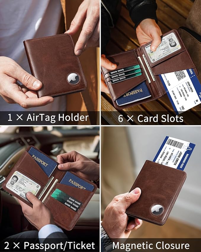 Passport Holder for Travel with AirTag Holder-Genuine Leather RFID Blocking Travel accessories with 6 Cards Slot&1ID Window,Magnetic Closure,Gift Box(Air Tag Not Included)