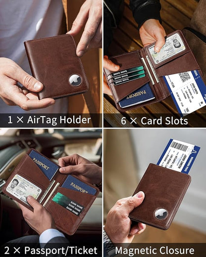 Passport Holder for Travel with AirTag Holder-Genuine Leather RFID Blocking Travel accessories with 6 Cards Slot&1ID Window,Magnetic Closure,Gift Box(Air Tag Not Included)