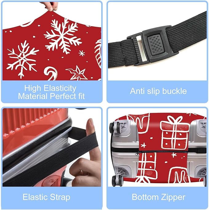 Red Christmas Luggage Cover – Snowflake & Candy Cane Suitcase Protector, Holiday Travel Luggage Sleeve, Stretchable & Waterproof, L
