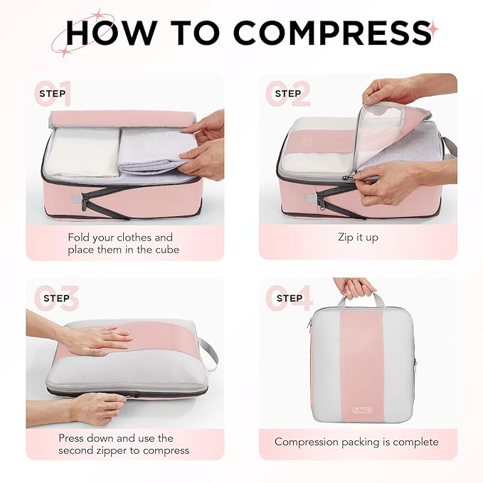 8 Set Compression Packing Cubes for Travel Essentials,Compressible Expandable Packing Cubes for Suitcase,OlarHike Luggage Organizer Bags for Travel,Handy Helper for Organizing Clothes(Pink)
