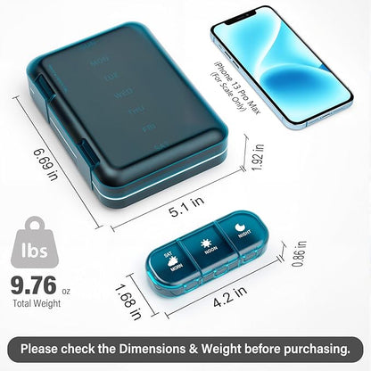 Vikie Weekly Pill Organizer 3 Times a Day, Morn NOON Night, BPA-Free, Portable & Moisture-Proof for Pills, Vitamins, Supplements (3x7 Blue)