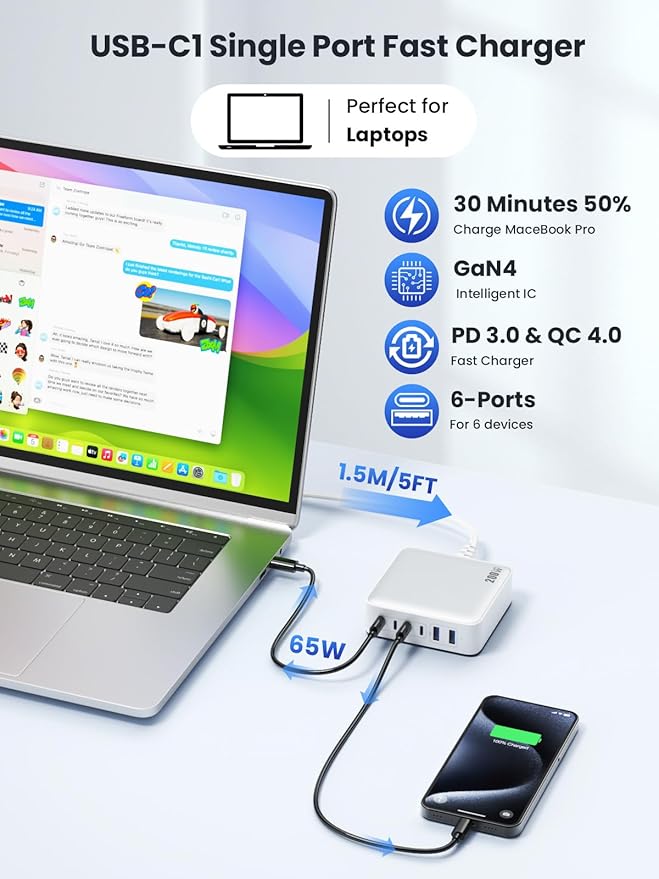 USB C Charger Block Charging Station 200W,Upgraded GaN IV 6-in-1 USB C Charger Fast Charging Hub,PD 65W Laptop Desktop Charging Adapter Compatible with MacBook/iPad, DELL,iPhone 16/15,Android etc