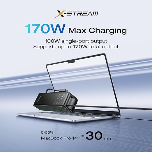 EF ECOFLOW Rapid Power Bank, 25,000mAh, 170W, 100W Built-in and Retractable Cables, Portable Charger with Triple 100W USB-C Port, Compatible with iPhone 17/16/15/14, Samsung, Laptop and More, Green