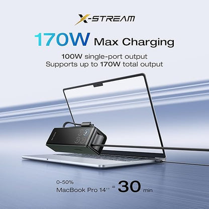 EF ECOFLOW Rapid Power Bank, 25,000mAh, 170W, 100W Built-in and Retractable Cables, Portable Charger with Triple 100W USB-C Port, Compatible with iPhone 17/16/15/14, Samsung, Laptop and More, Green