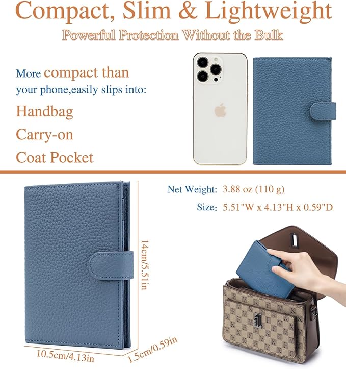 RFID Leather Passport Holder for Travel Women & Men – Compact Slim Christmas Gift for Travel Passport Wallets with Card Slots, Zippered Coin Pocket & Travel Passport Cover Case – Denim Blue