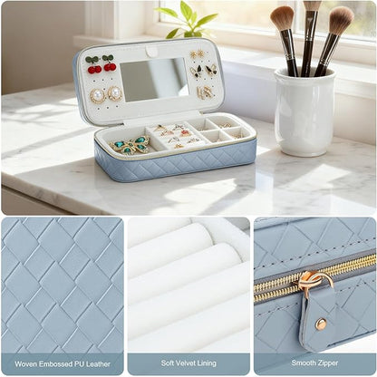 DesignSter Jewelry Organizer, Small Portable Travel Jewelry Storage for Women, Woven Embossed PU Jewelry Case with Mirror for Ring Earring Necklace Bracelet