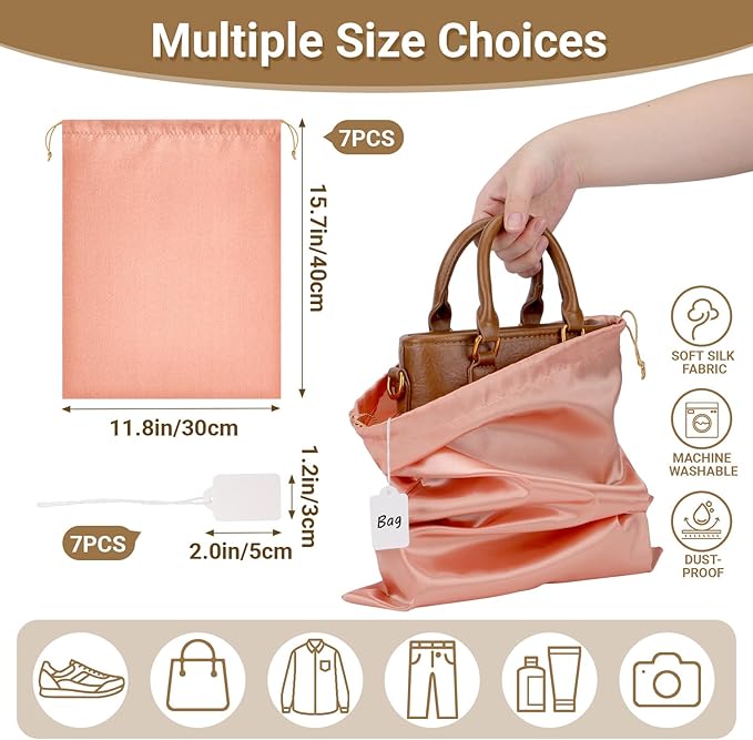 Ewen 7 Pack of 11.8x15.7in Pink Orange Dust Bags for Shoes, Satin Purse Storage Bags, Pouches Covers for Travel, Dust Cover Bag for Handbag, Closet Organizer Protectors, Silk Cloth Bag with Drawstring