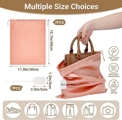 Ewen 7 Pack of 11.8x15.7in Pink Orange Dust Bags for Shoes, Satin Purse Storage Bags, Pouches Covers for Travel, Dust Cover Bag for Handbag, Closet Organizer Protectors, Silk Cloth Bag with Drawstring