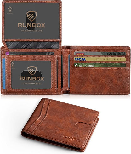 RUNBOX Wallet for Men Slim Rfid Leather 2 ID Window With Gift Box