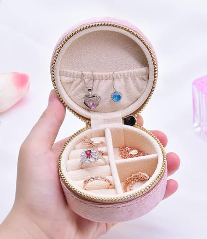 TAIMY Small Jewelry Travel Case, Round Mini Travel Jewelry Box for Women Girls, Portable Mini Jewelry Travel Organizer Boxes for Rings Earrings Necklaces Bracelets(Pink Lavender)