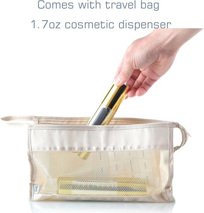 Gold, empty cosmetic pump bottle with travel bag, refillable, vacuum pump bottle for lotion, toner, foundation make-up, hair oil, hand sanitizer and other liquids, 7 pieces (1.7 oz/50ml)