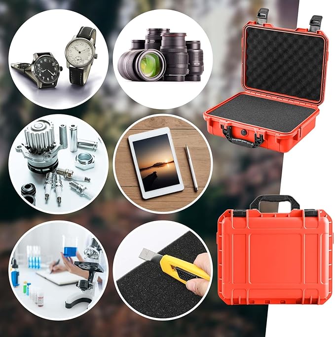 1 Pcs 8.5 x 6.5 x 3.7 Inch Waterproof Hard Case with DIY Customizable Foam Insert Portable Protective Case with Knife for Camera Drones Equipments Tools Test Instruments (Reddish Orange)
