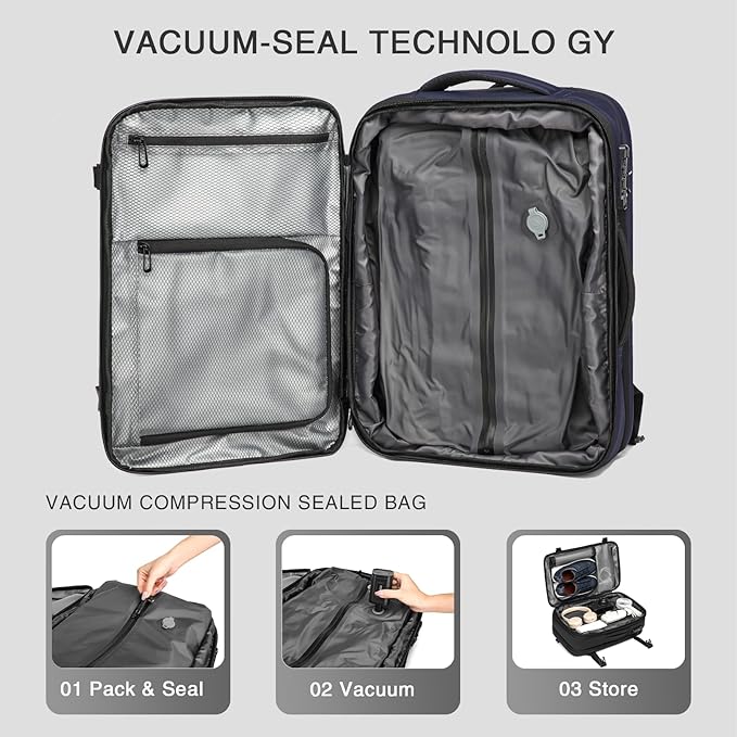 Vacuum Seal Travel Backpack 45L - Expandable Air Compression System, Water-Resistant, Carry-On Suitcase Luggage with TSA Lock Fits 18" Laptop - Vacuum Pump Included (Blue)