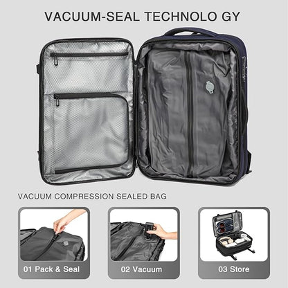 Vacuum Seal Travel Backpack 45L - Expandable Air Compression System, Water-Resistant, Carry-On Suitcase Luggage with TSA Lock Fits 18" Laptop - Vacuum Pump Included (Blue)
