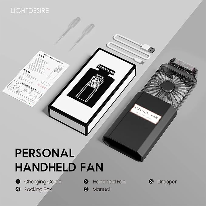 LIGHTDESIRE Handheld Fan with Crystal Stones, Mini Personal Rechargeable 3 Speeds Mode, Lady Small Fan for Desk Travel Makeup for Women (Black)