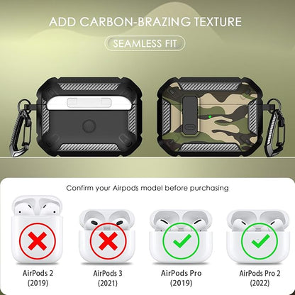 RFUNGUANGO for AirPods Pro 2nd Generation Case Cover with Cleaner Kit, Military Hard Shell Protective Armor with Lock for AirPod Gen 2 Charging Case 2022, Front LED Visible,Black Camou