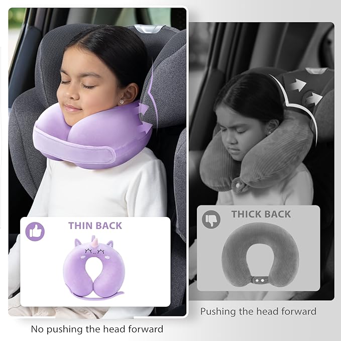 Car Pillow for Big Kids Travel Neck Pillows, Foam Neck Support Travelling Pillow with Washable Cotton Pillowcases and Storage Bag, for Airplane, Train, Flight and Home Use Unicorn Purple