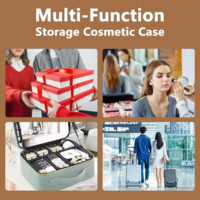 Travel Makeup Bag for Women and Makeup Artists Cosmetic Organizer Large Makeup Case,Travel Makeup Bag with Mirror 3 Color Setting,Portable Storage and Adjustable Dividers(brown)