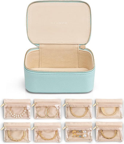 Vlando Jewelry Travel Organizer with 8 Velvet Jewelry Bags Travel Jewelry Storage Box Jewelry Case for Necklace Rings Earrings Trendy Christmas Birthday Graduate Gifts for Women-Lake Blue