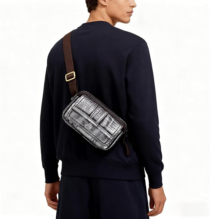 Compact Genuine Leather Waist Pack for Men Phone Fanny Pack Small Chest Messenger Bag with Adjustable Belt Gifts for Men (Silver)