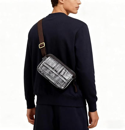 Compact Genuine Leather Waist Pack for Men Phone Fanny Pack Small Chest Messenger Bag with Adjustable Belt Gifts for Men (Silver)