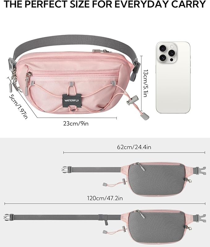 WATERFLY Lightweight Small Fanny Pack: 1.5L Mini Slim Crossbody Waist Belt Hip Bag with RFID Blocking, Anti-Theft & Water Resistant Pouch for Women Men Travel Hiking Running Walking EDC