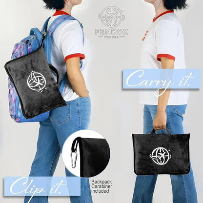 2-in-1 Travel Blanket and Pillow – Lightweight, Compact, Ultra Soft, Machine Washable – Handle, Luggage Sleeve, Backpack Clip – for Travel Airplane, Car, Office (Black)