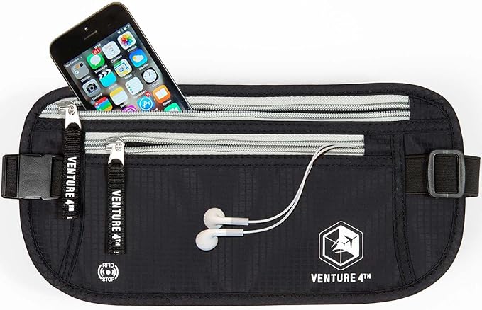 VENTURE 4TH Slim Minimalist Design RFID Money Belt with RFID Blocking Sleeves, for Men and Women – Ideal for Keeping Your Cash, Credit Card, Passport, Phone Secure When Traveling - Black