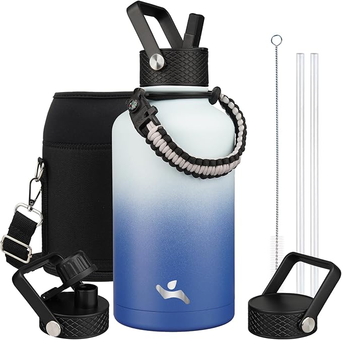 Half Gallon Insulated Water Bottle with Straw,64 oz 3 Lids Water Jug with Carrying Bag,Paracord Handle, Double Wall Vacuum Stainless Steel Metal Flask,Sky