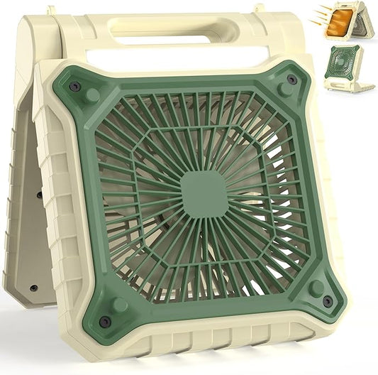 PANERGY Solar Fan with Lantern for Camping, Rechargeable Battery Powered Fan(38H cooling/48H lighting), 3-Speed, 6H Timer, 90°Folding Cordless & Portable for Outdoor Travel RV Power Outage