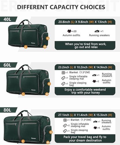 Gonex 40L 60L 80L 100L 150L Large Foldable Travel Duffle Bag with Shoes Compartment, Packable Lightweight Water Repellent Duffel Bag for Camping Gym Weekender Bag