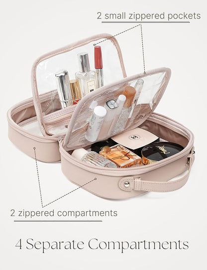 Clear Cosmetic Bag Double Layer Travel Toiletry Bag Clear Makeup Bag Case with 4 Compartments, Transparent Travel Bag for Toiletries, Large Toiletry Bag for Women Cosmetic Case (Taupe, Large)