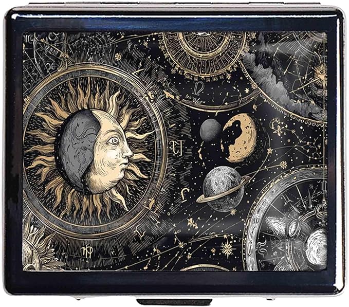 7 Days Chromed Shiny Silver Pill Organizer with Mirror Inside Has 8 Separate Compartments Rectangle,Versatile Storage for Medication - Ideal Travel Accessory (Retro Sun and Moon)