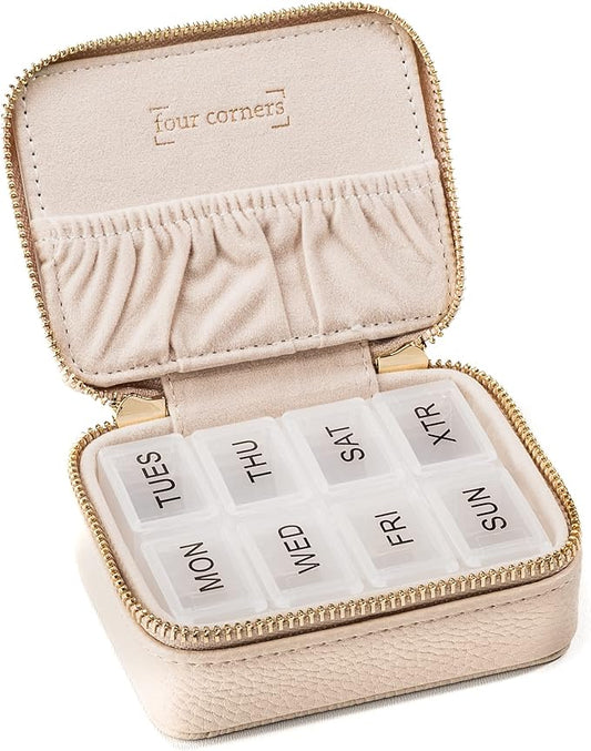 Weekly Pill Organizer 7 Day – Travel Pill Case for Vitamins & Medication, Premium Vegan Leather Pill Box with Removable Daily Compartments, Portable Supplement Organizer with Secure Zipper (Cream)