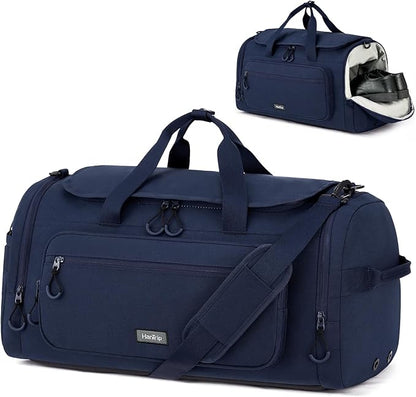Large Travel Duffle Gym Bag with Shoe Compartment, Underseat Carry On Luggage Overnight Weekender Personal Item Workout Bags for Women Men (Navy Blue)